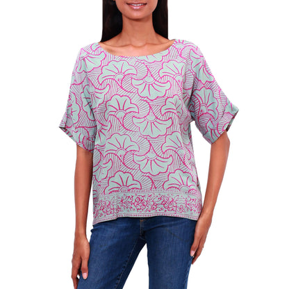 Gingko Leaf Batik Rayon Shirt in Mint and Magenta from Bali