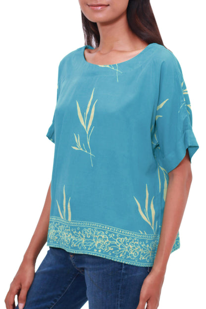 Balinese Breeze in Turquoise Batik Rayon Blouse in Turquoise and Lemon from Bali