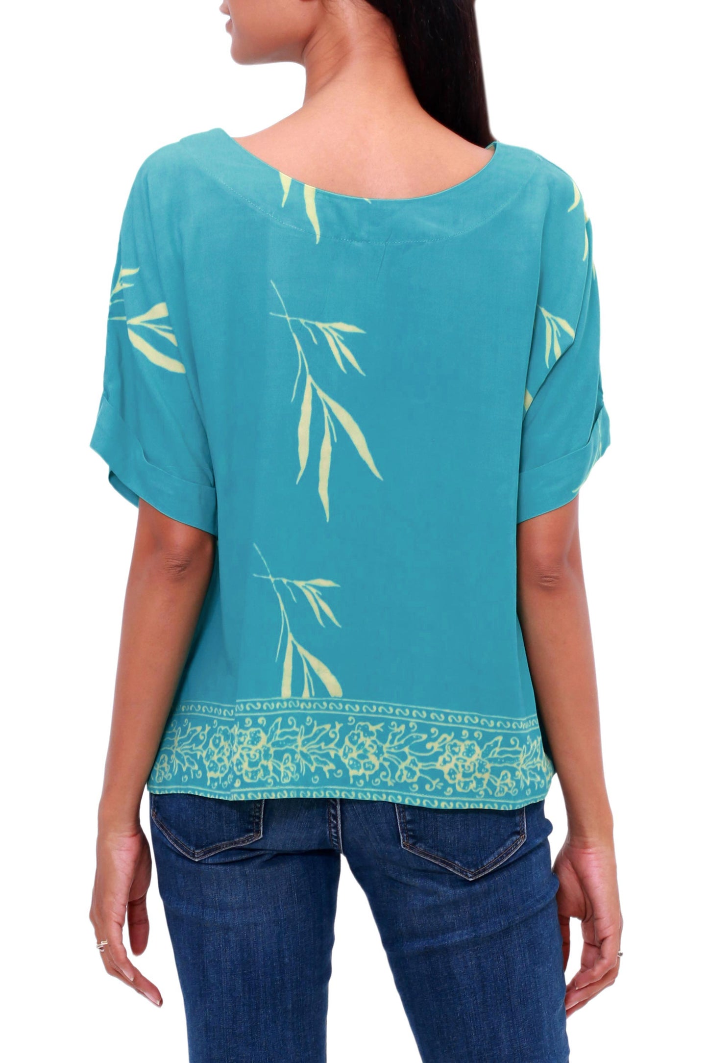 Balinese Breeze in Turquoise Batik Rayon Blouse in Turquoise and Lemon from Bali