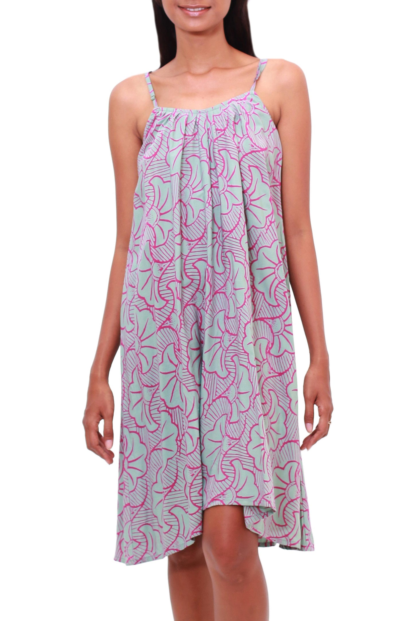 Gingko Leaf Batik Rayon Sundress in Green and Magenta from Bali