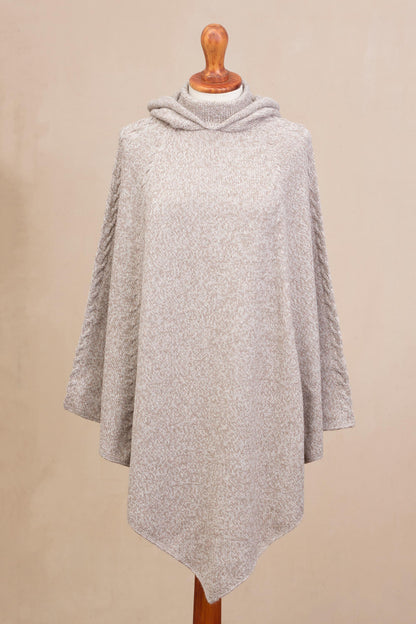 Adventurous Style in Taupe Knit Alpaca Blend Hooded Poncho in Taupe from Peru