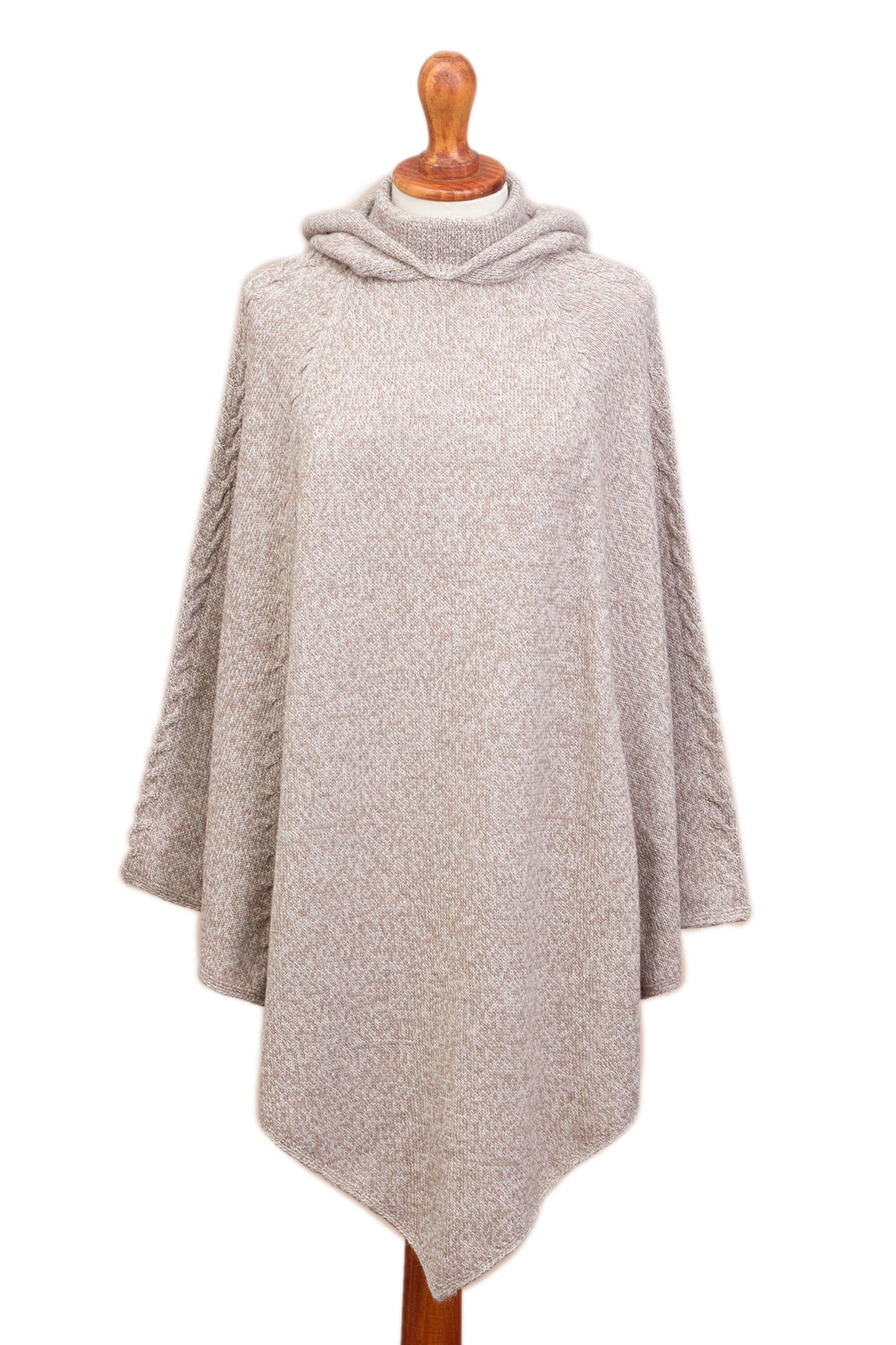 Adventurous Style in Taupe Knit Alpaca Blend Hooded Poncho in Taupe from Peru