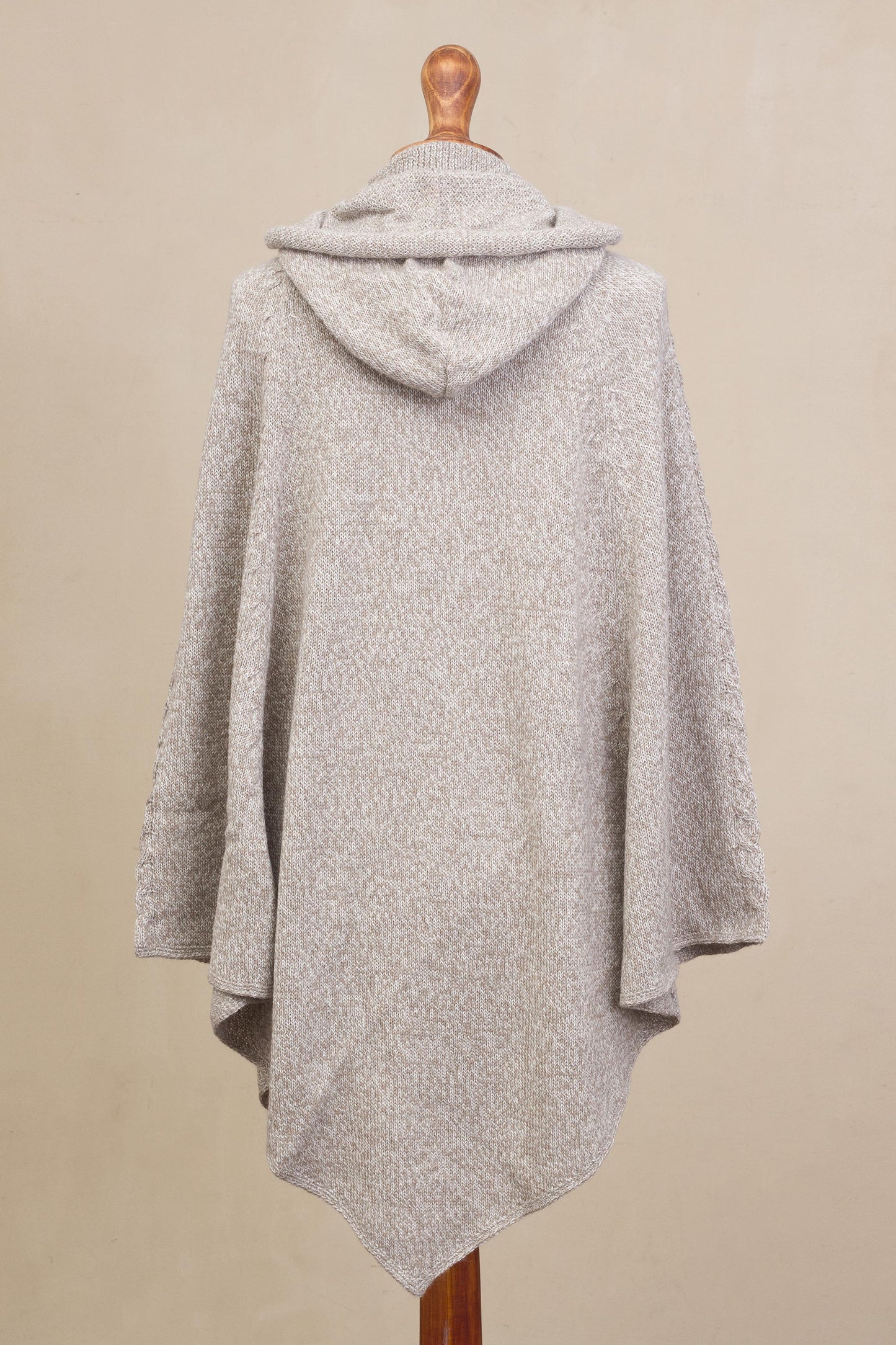 Adventurous Style in Taupe Knit Alpaca Blend Hooded Poncho in Taupe from Peru