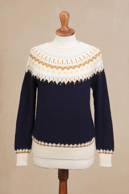 Apres-ski Midnight and Antique White 100% Alpaca Pullover from Peru