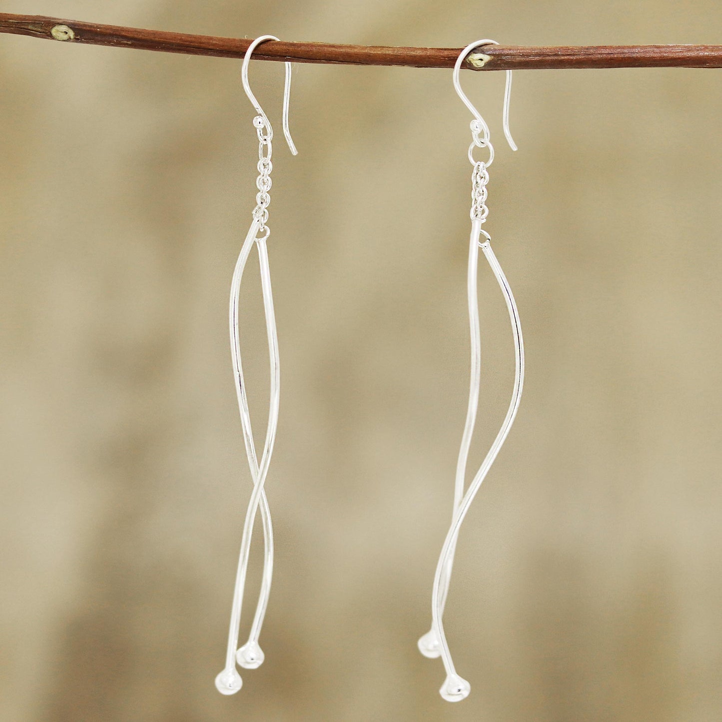 Contemporary Elegance Wavy Sterling Silver Dangle Earrings from India