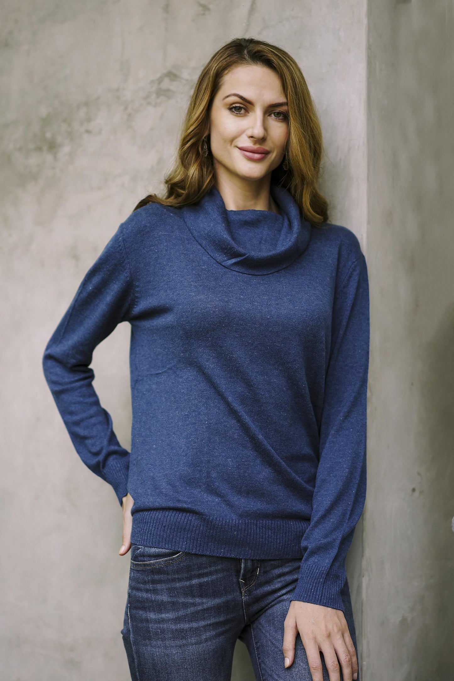 Royal Blue Versatility Knit Cotton Blend Pullover in Solid Royal Blue from Peru