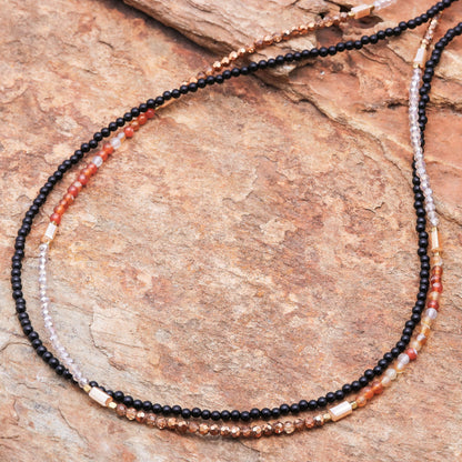 Midnight Love in Red-Orange Agate Long Beaded Strand Necklace in Red-Orange