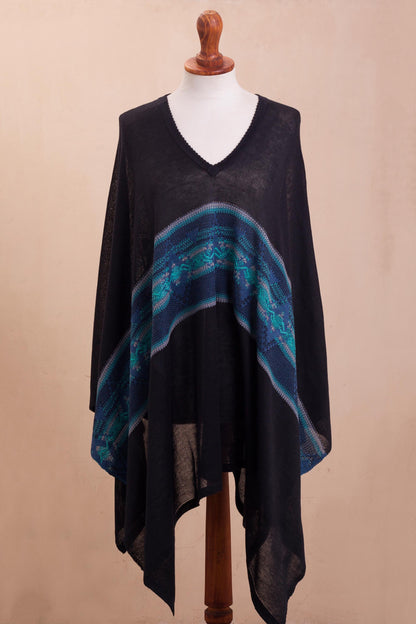 Seasonal Escape Artisan Crafted Cotton Blend Poncho in Black and Blue