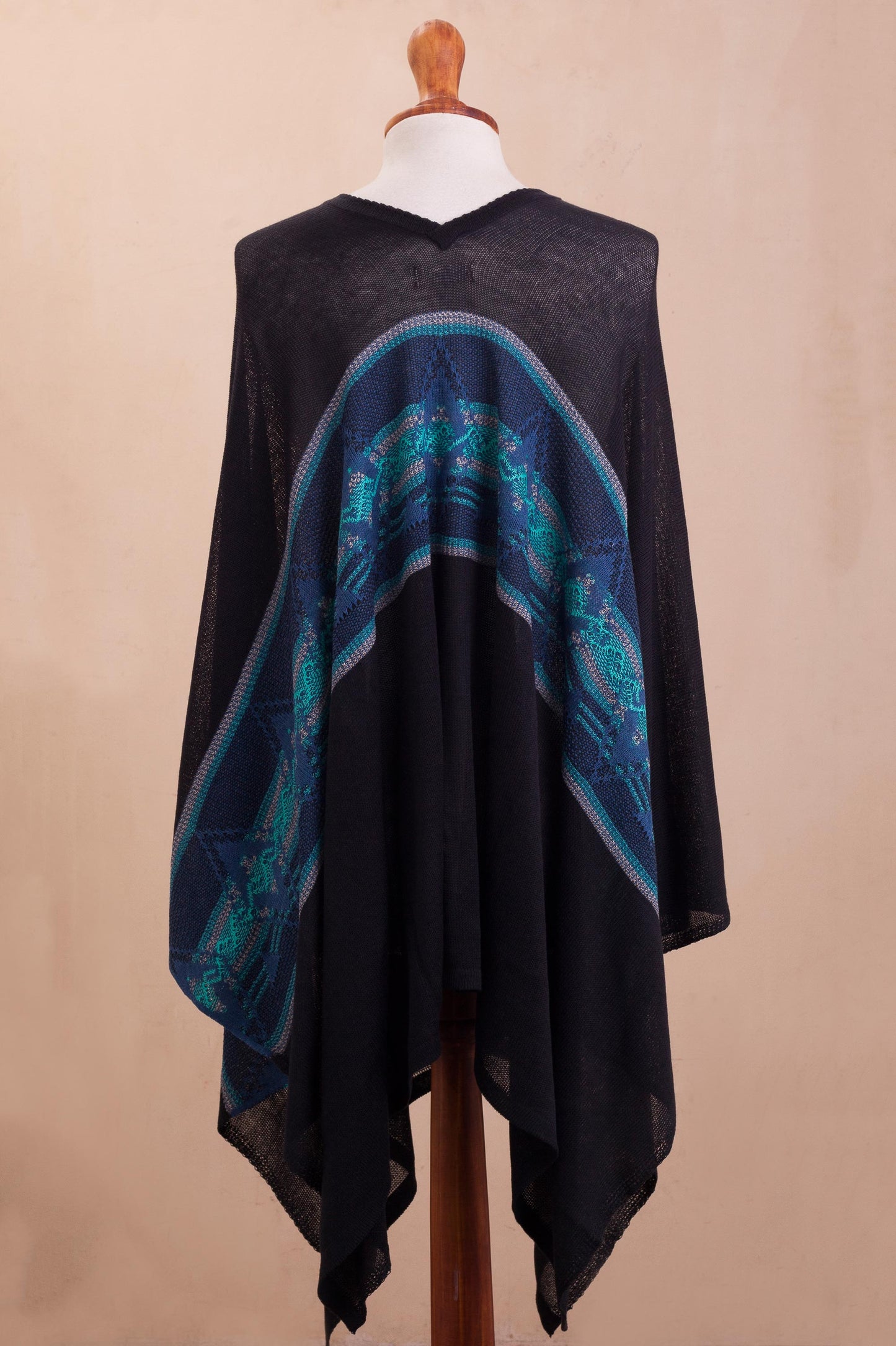 Seasonal Escape Artisan Crafted Cotton Blend Poncho in Black and Blue