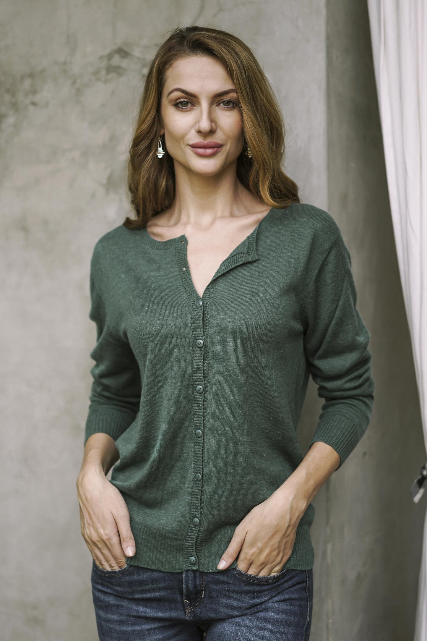 Simple Style in Viridian Cotton Blend Green Cardigan Sweater from Peru