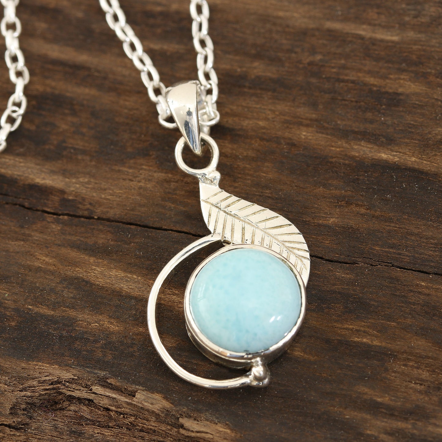 Charismatic Leaf Leaf-Themed Larimar Pendant Necklace from India