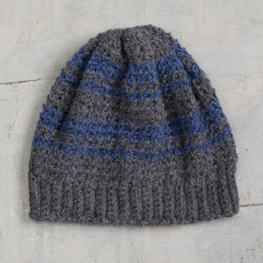 Bold Adventure Striped Azure and Graphite 100% Alpaca Hat from Peru