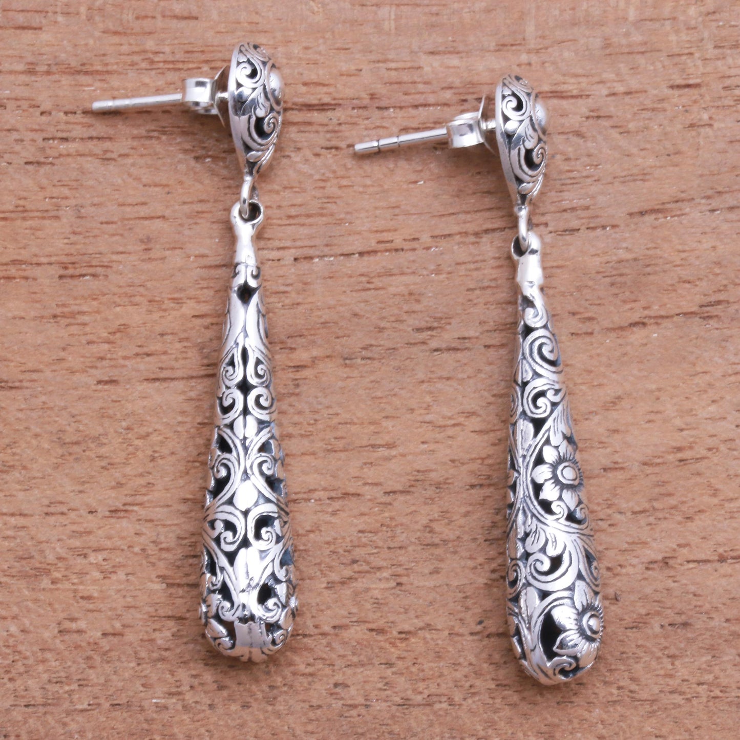 Drops from the Garden Drop-Shaped Floral Sterling Silver Dangle Earrings from Bali