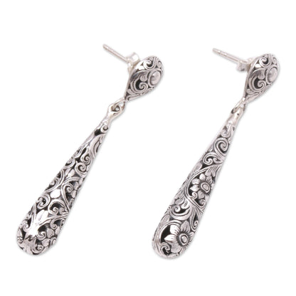 Drops from the Garden Drop-Shaped Floral Sterling Silver Dangle Earrings from Bali