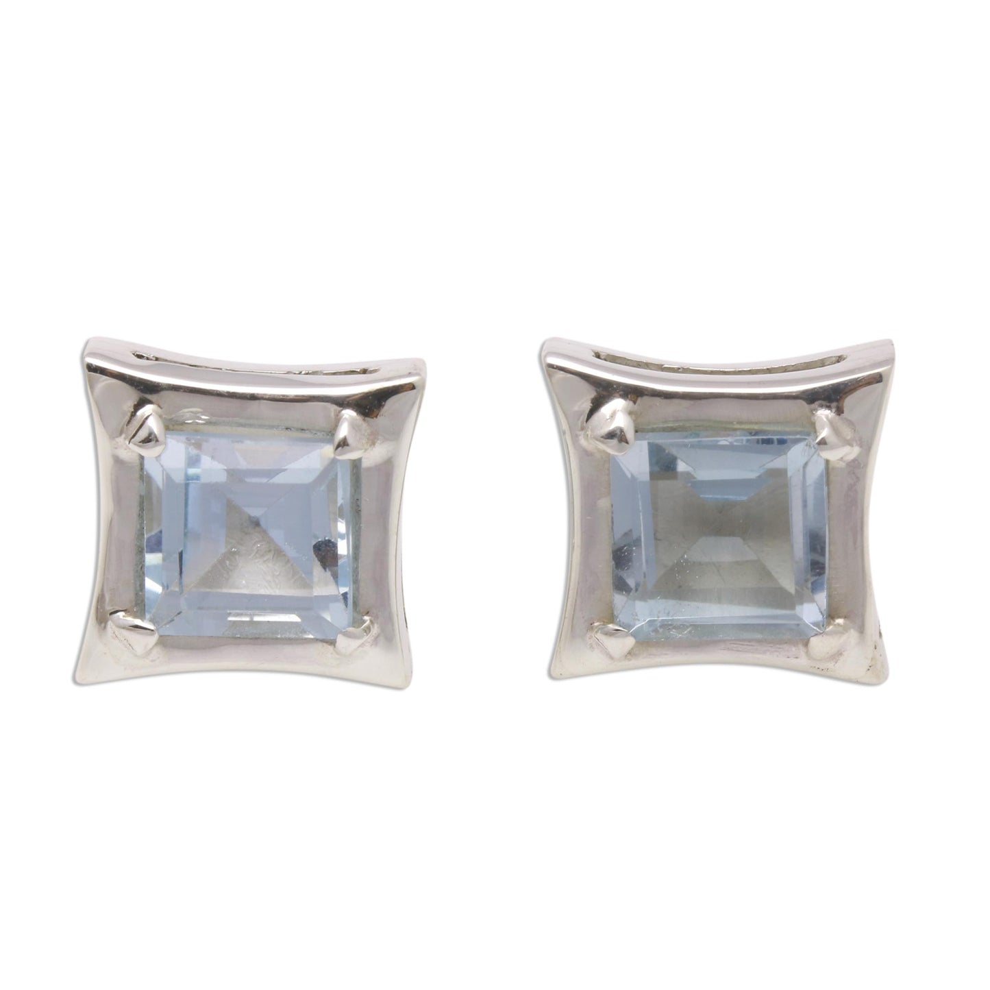 Elegance of Squares Square Blue Topaz Stud Earrings Crafted in Bali