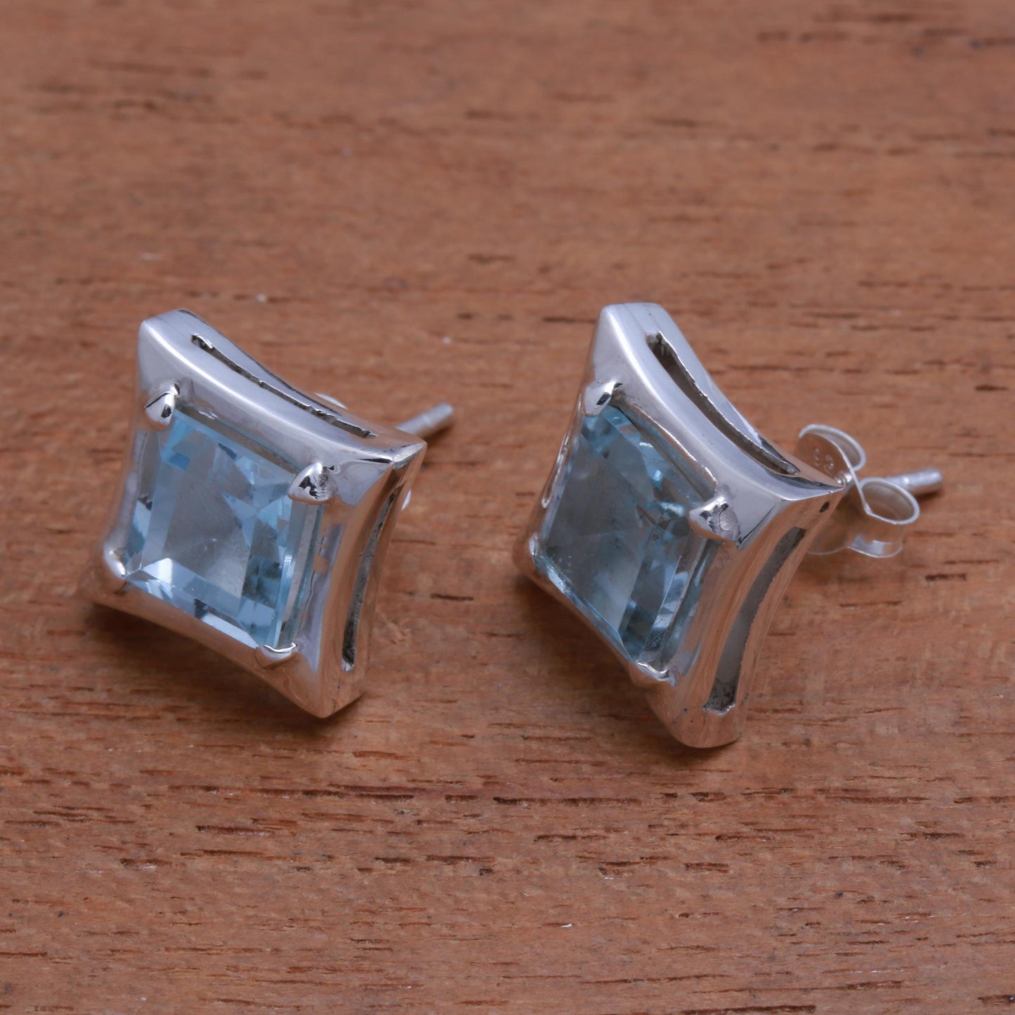 Elegance of Squares Square Blue Topaz Stud Earrings Crafted in Bali