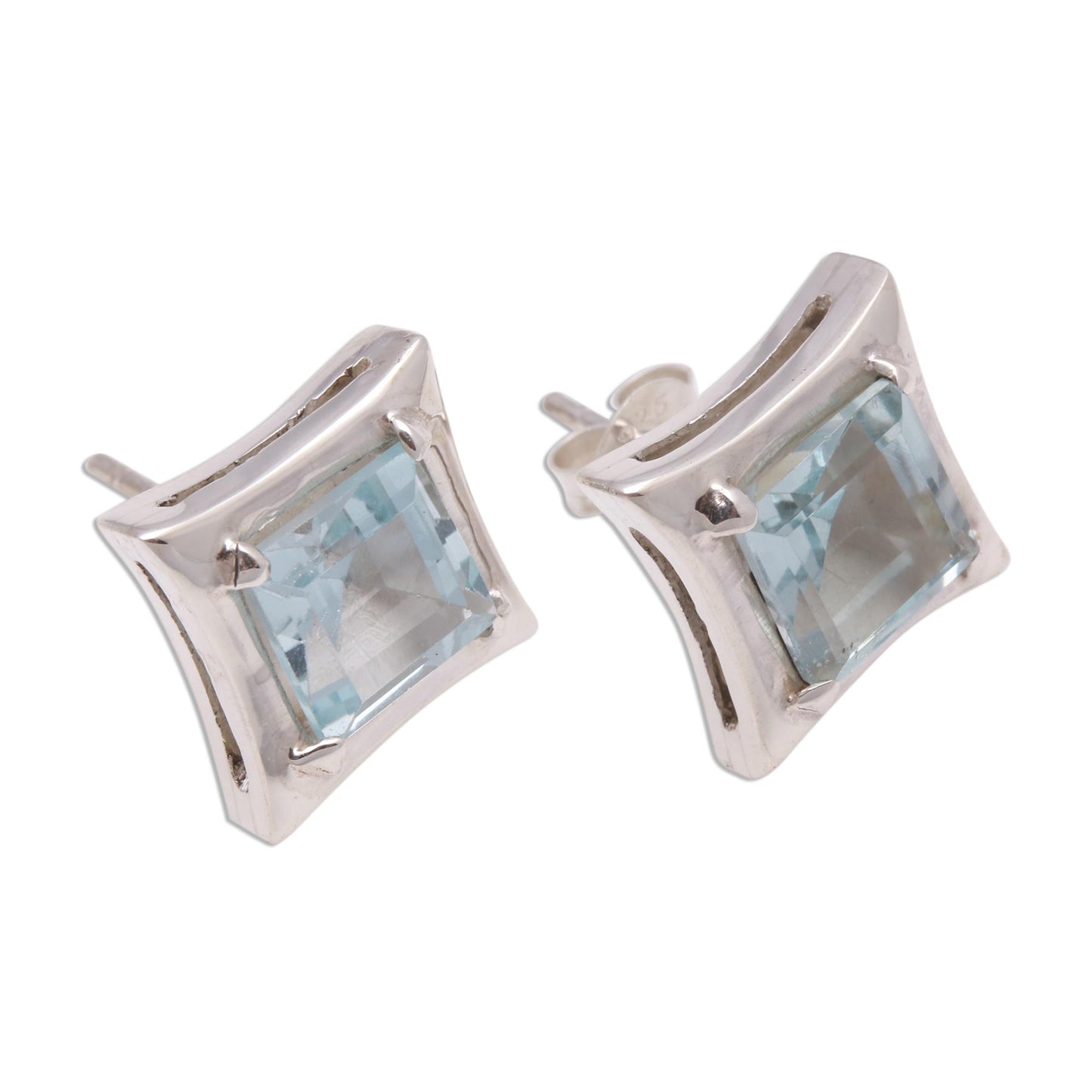 Elegance of Squares Square Blue Topaz Stud Earrings Crafted in Bali