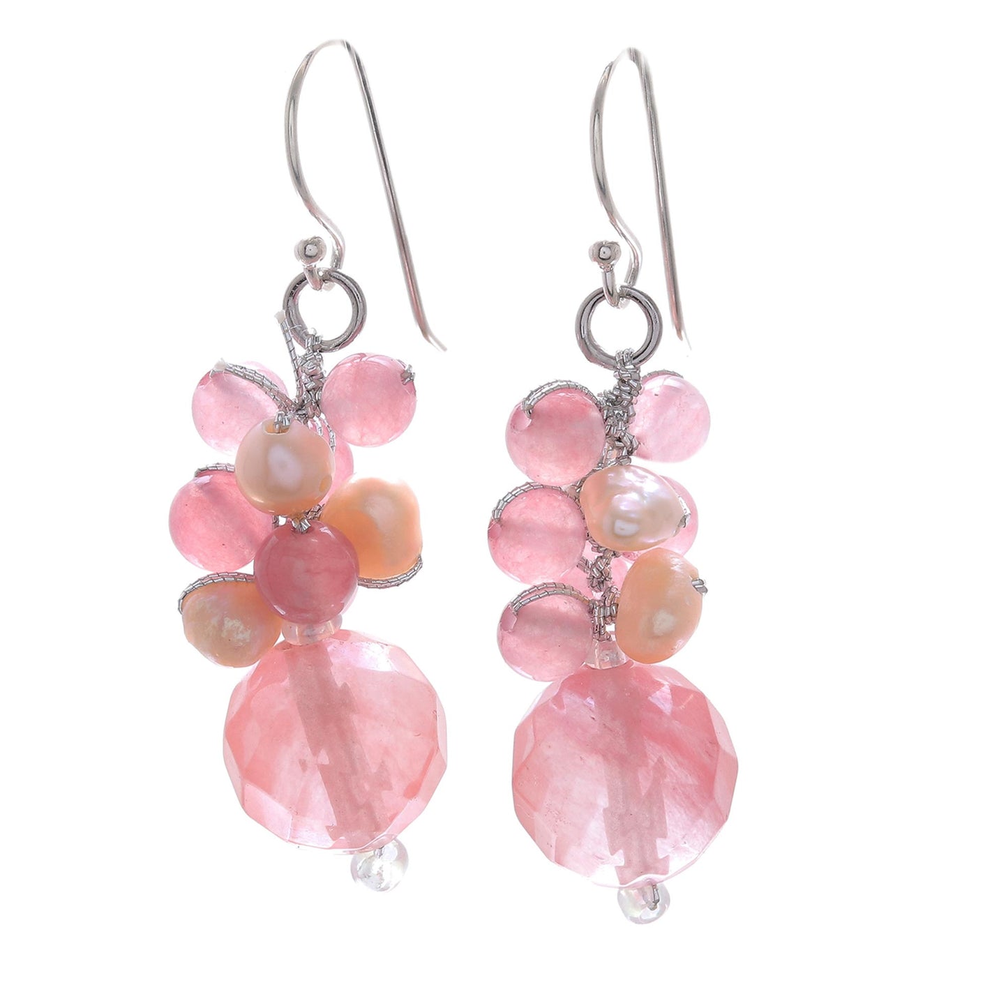 Soft Pink Love Pink Quartz and Cultured Pearl Beaded Dangle Earrings