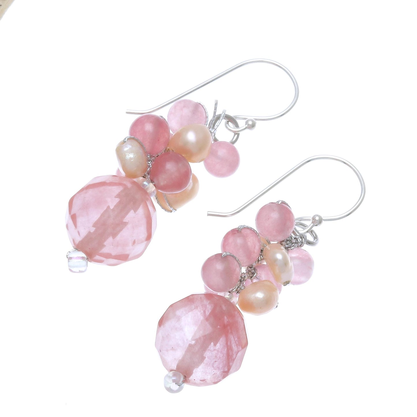 Soft Pink Love Pink Quartz and Cultured Pearl Beaded Dangle Earrings