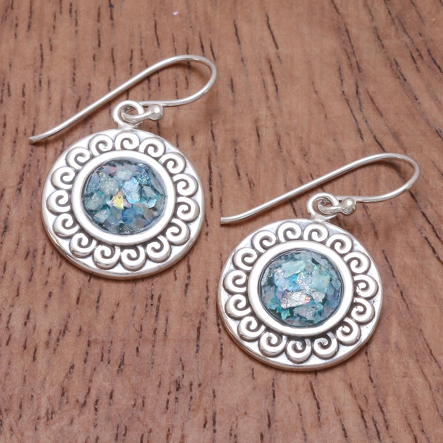 Sun of the Sea Curl Pattern Roman Glass Dangle Earrings from Thailand