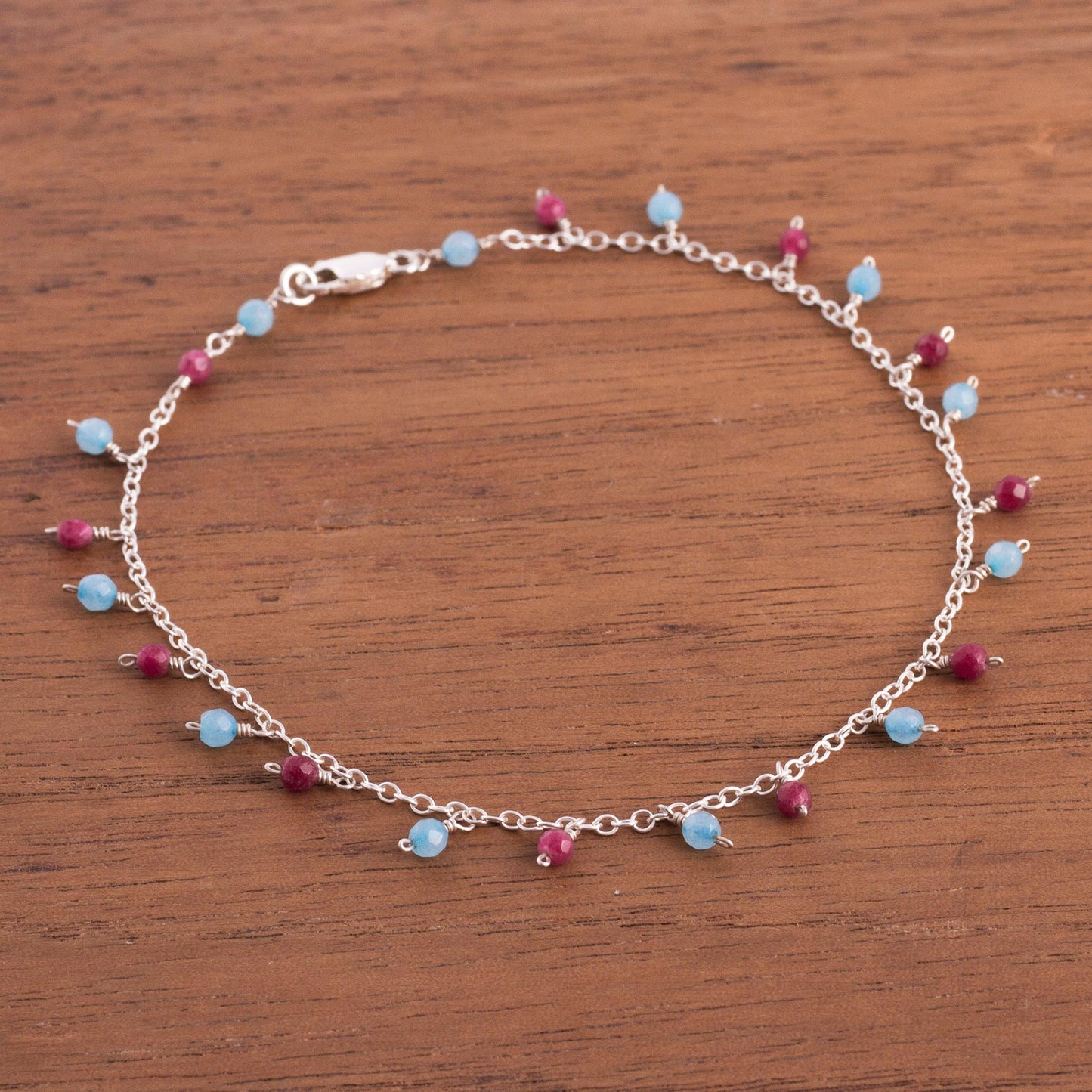 Festive Planets Blue and Fuchsia Agate Charm Anklet from Peru