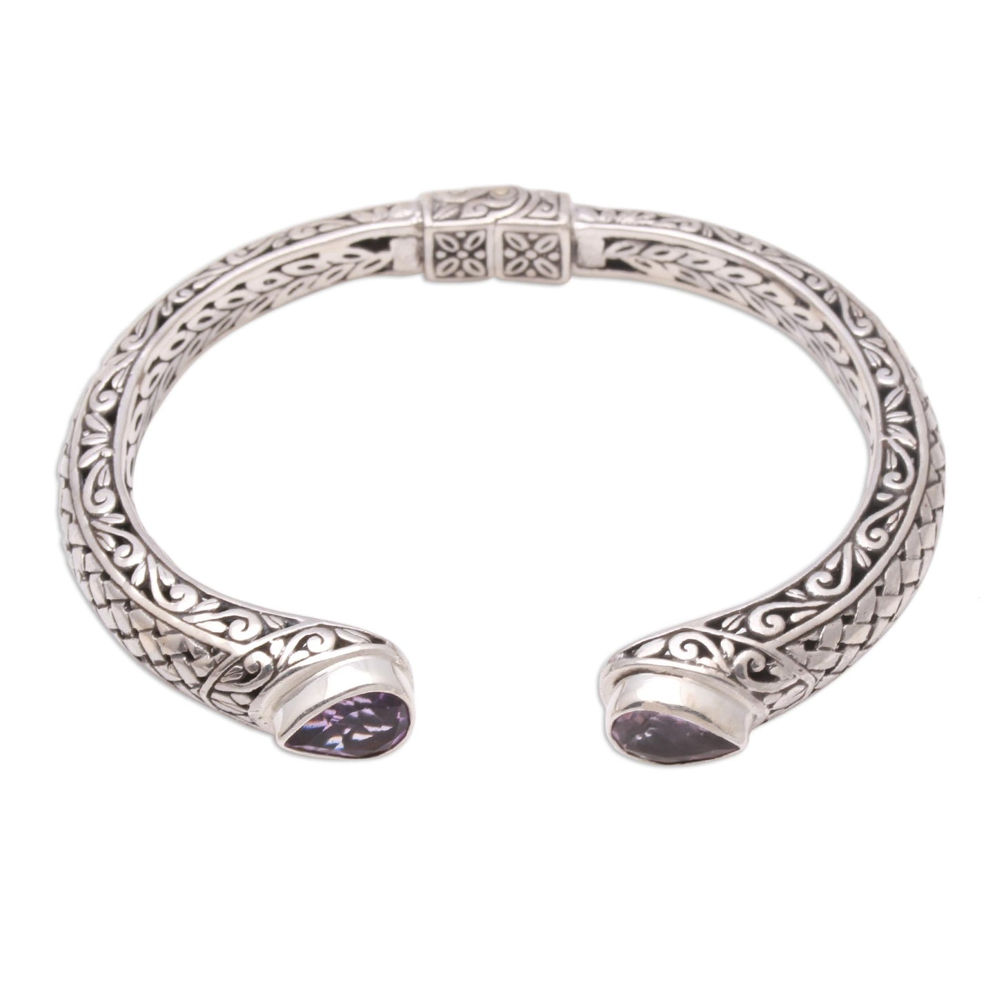 Woven Drops Weave Pattern Amethyst Cuff Bracelet from Bali