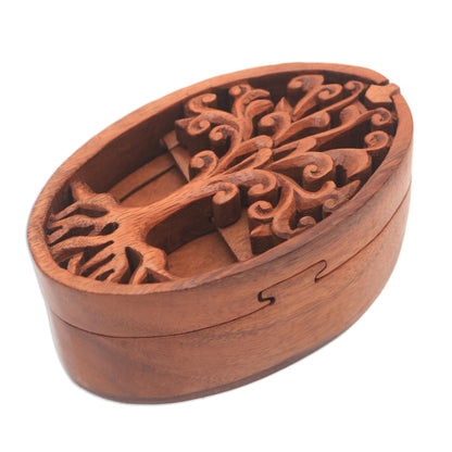 Tree Oval Tree-Themed Suar Wood Puzzle Box from Bali