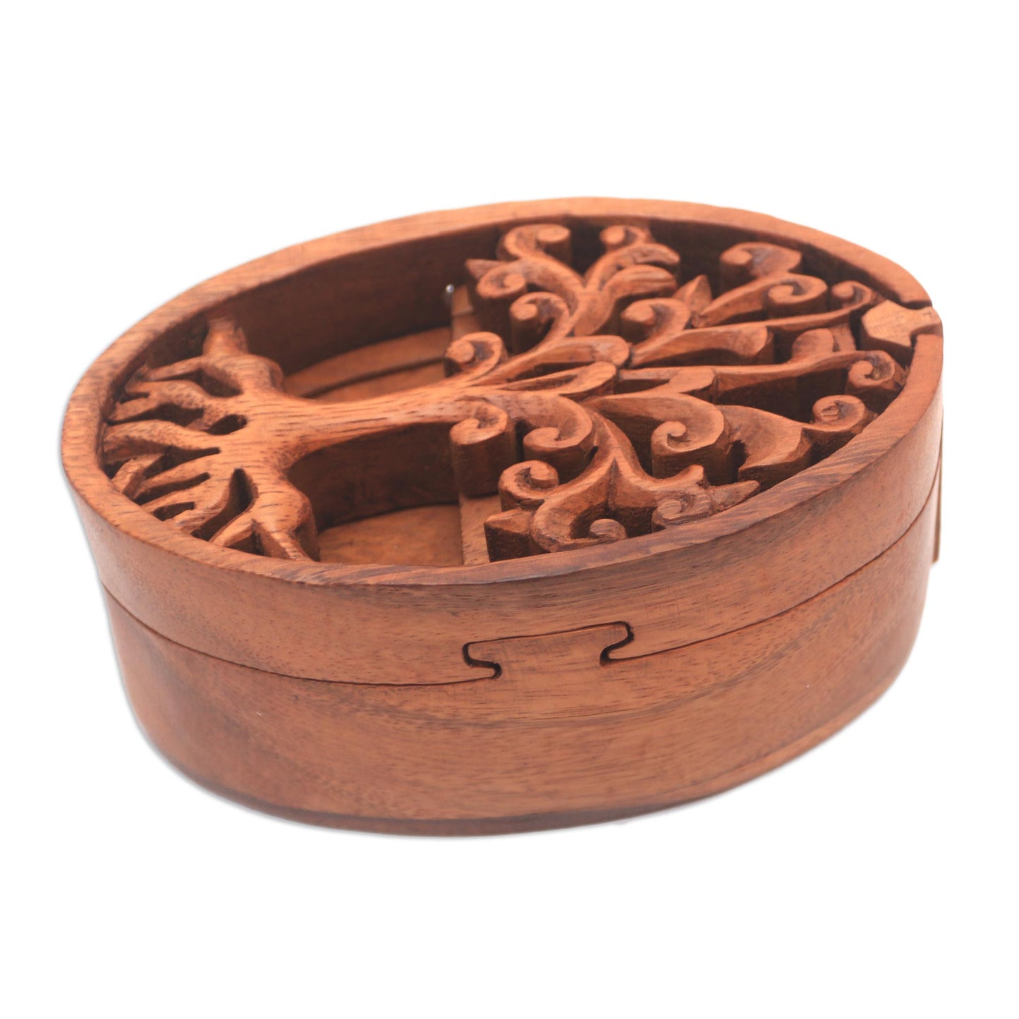 Tree Oval Tree-Themed Suar Wood Puzzle Box from Bali