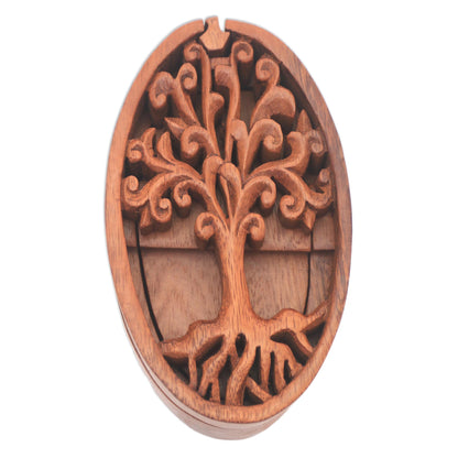 Tree Oval Tree-Themed Suar Wood Puzzle Box from Bali