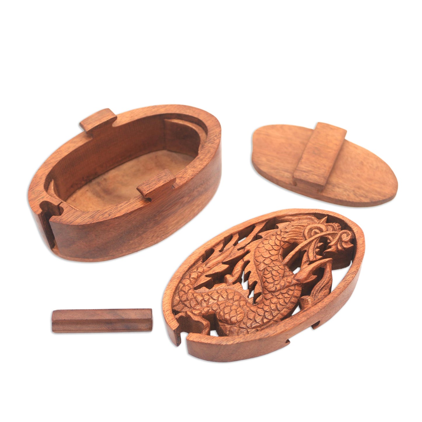 Dragon Oval Dragon-Themed Suar Wood Puzzle Box from Bali