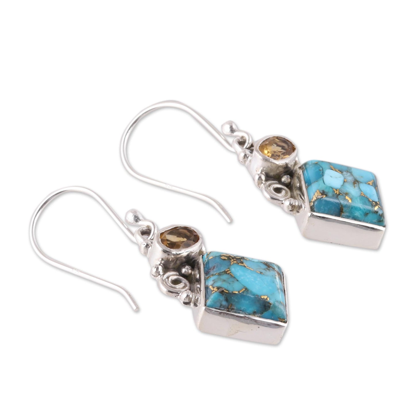 Sky Fragments Citrine and Composite Turquoise Dangle Earrings from India