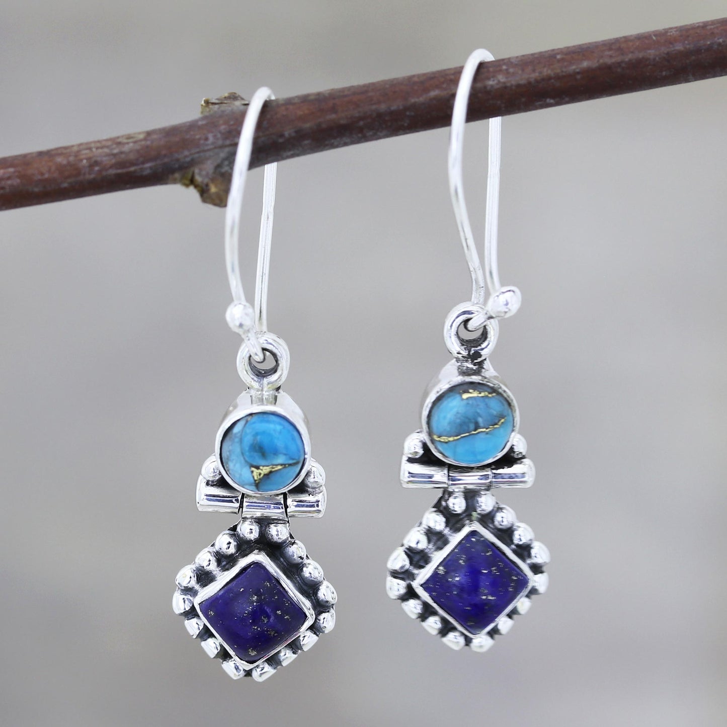 Enchanting Duo Lapis Lazuli and Composite Turquoise Dangle Earrings