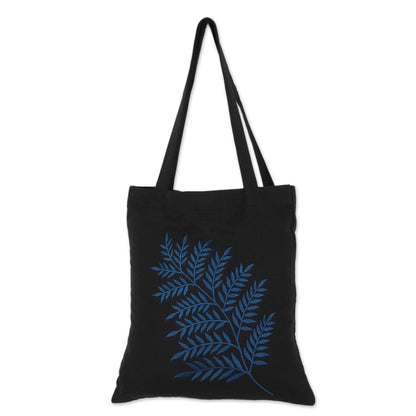 Beautiful Frond in Blue Frond Motif Cotton Shoulder Bag in Blue and Black from India