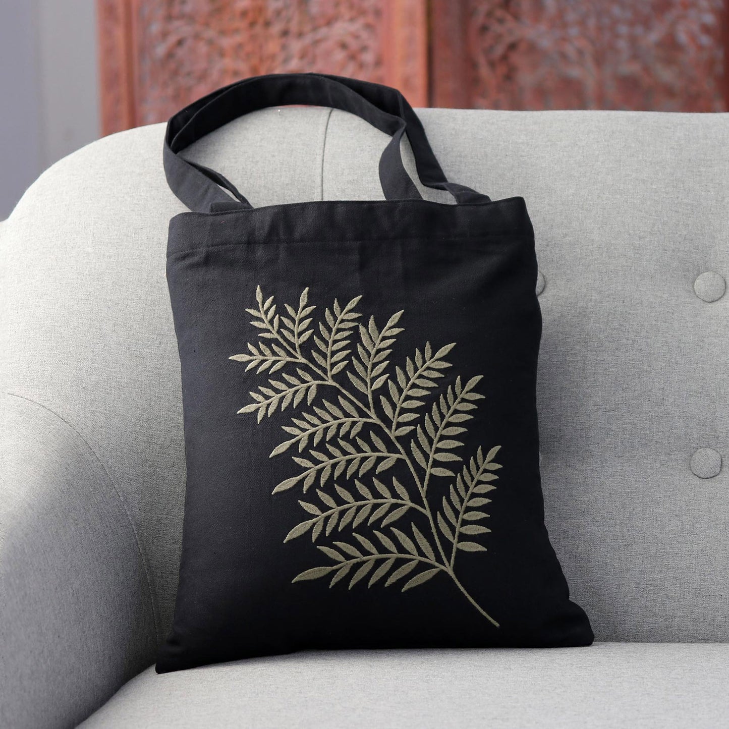 Beautiful Frond in Sage Frond Motif Cotton Shoulder Bag in Sage and Black from India