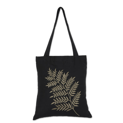 Beautiful Frond in Sage Frond Motif Cotton Shoulder Bag in Sage and Black from India