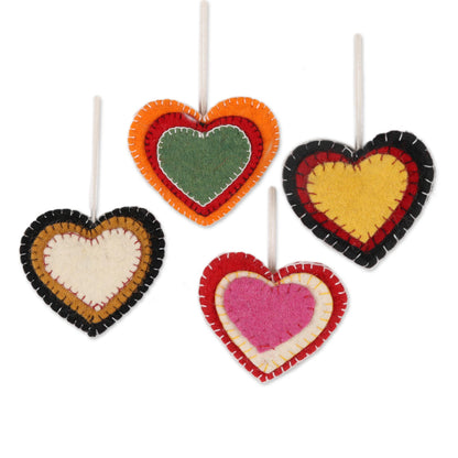 Entrancing Hearts Colorful Wool Felt Heart Ornaments from India (Set of 4)