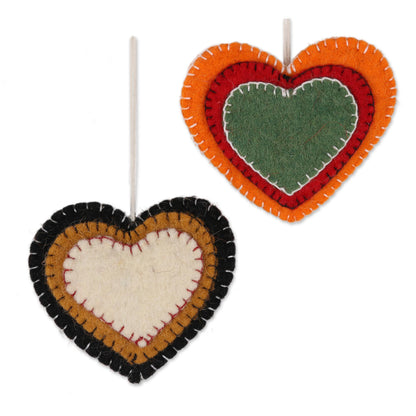 Entrancing Hearts Colorful Wool Felt Heart Ornaments from India (Set of 4)