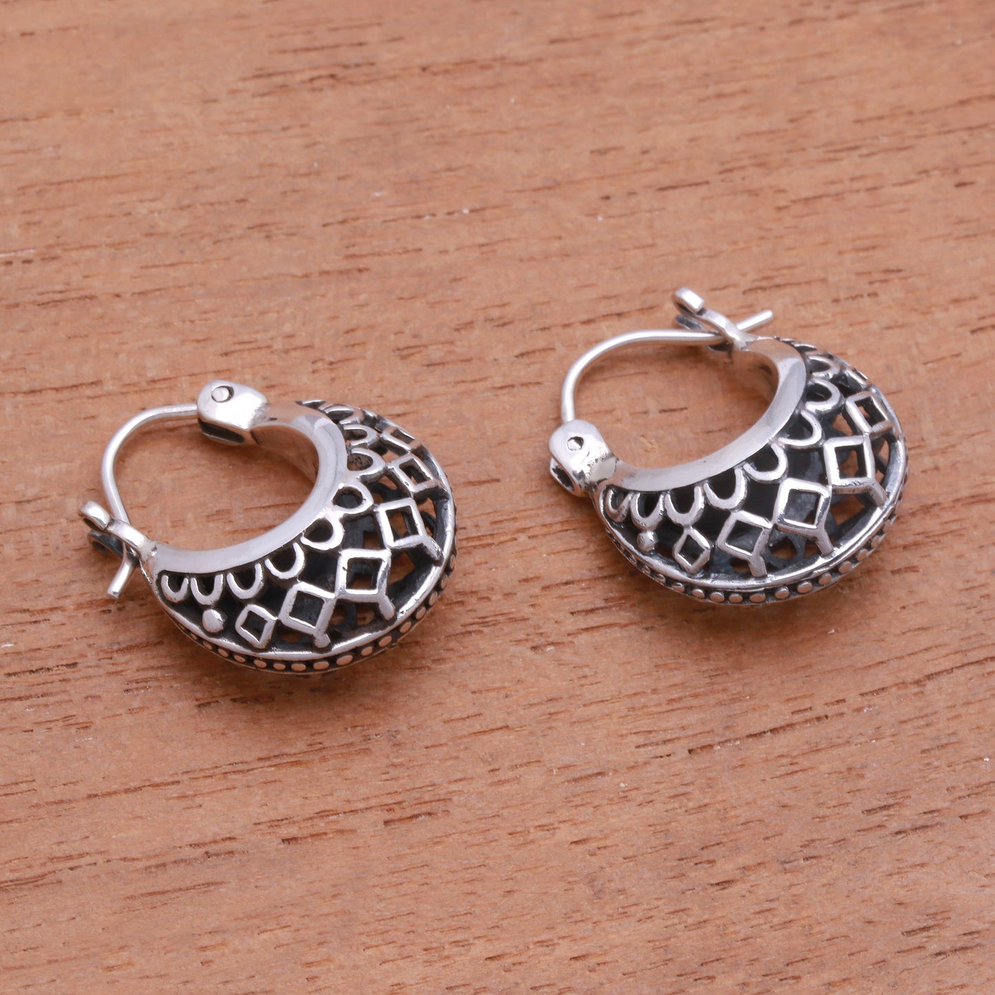 Curved Elegance Openwork Sterling Silver Hoop Earrings from Bali