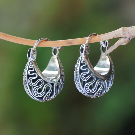 Snaking Baskets Wavy Pattern Sterling Silver Hoop Earrings from Bali