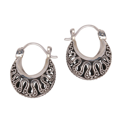 Snaking Baskets Wavy Pattern Sterling Silver Hoop Earrings from Bali