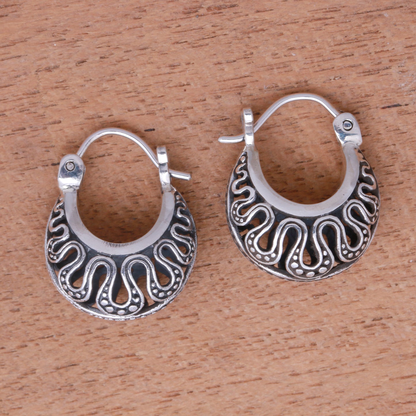 Snaking Baskets Wavy Pattern Sterling Silver Hoop Earrings from Bali