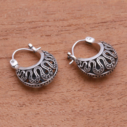 Snaking Baskets Wavy Pattern Sterling Silver Hoop Earrings from Bali