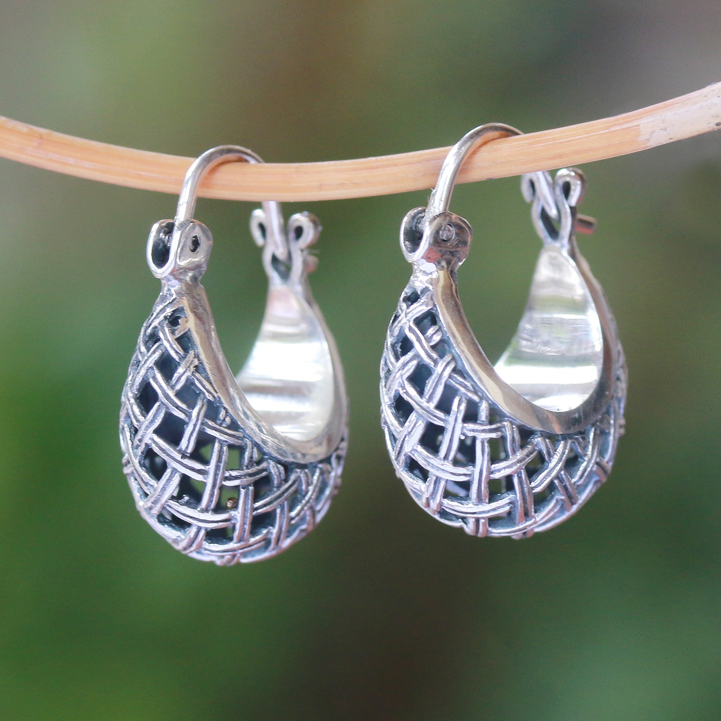 Hanging Baskets Basket Pattern Sterling Silver Hoop Earrings from Bali