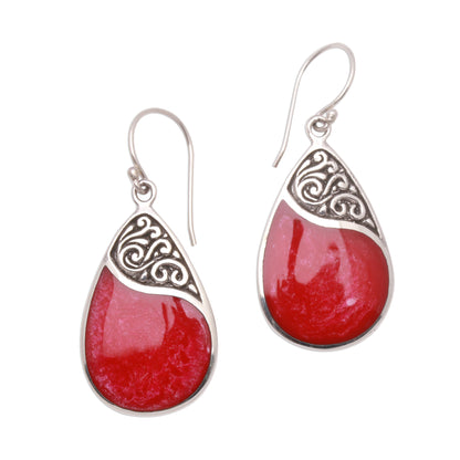 Bali Pear Red Teardrop Sterling Silver and Resin Dangle Earrings