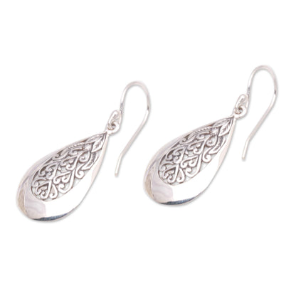 Hidden Flower Drop-Shaped Floral Sterling Silver Dangle Earrings from Bali