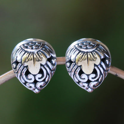 Royal Glam Vine Pattern Gold Accented Sterling Silver Stud Earrings