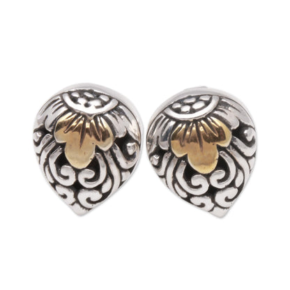 Royal Glam Vine Pattern Gold Accented Sterling Silver Stud Earrings