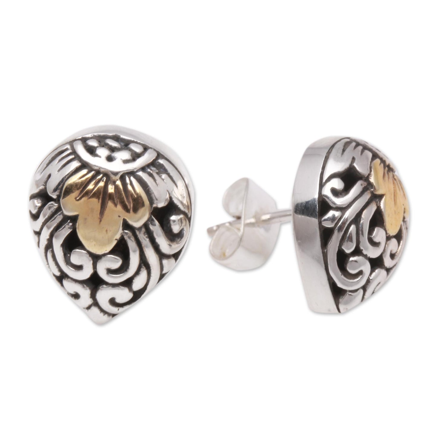 Royal Glam Vine Pattern Gold Accented Sterling Silver Stud Earrings