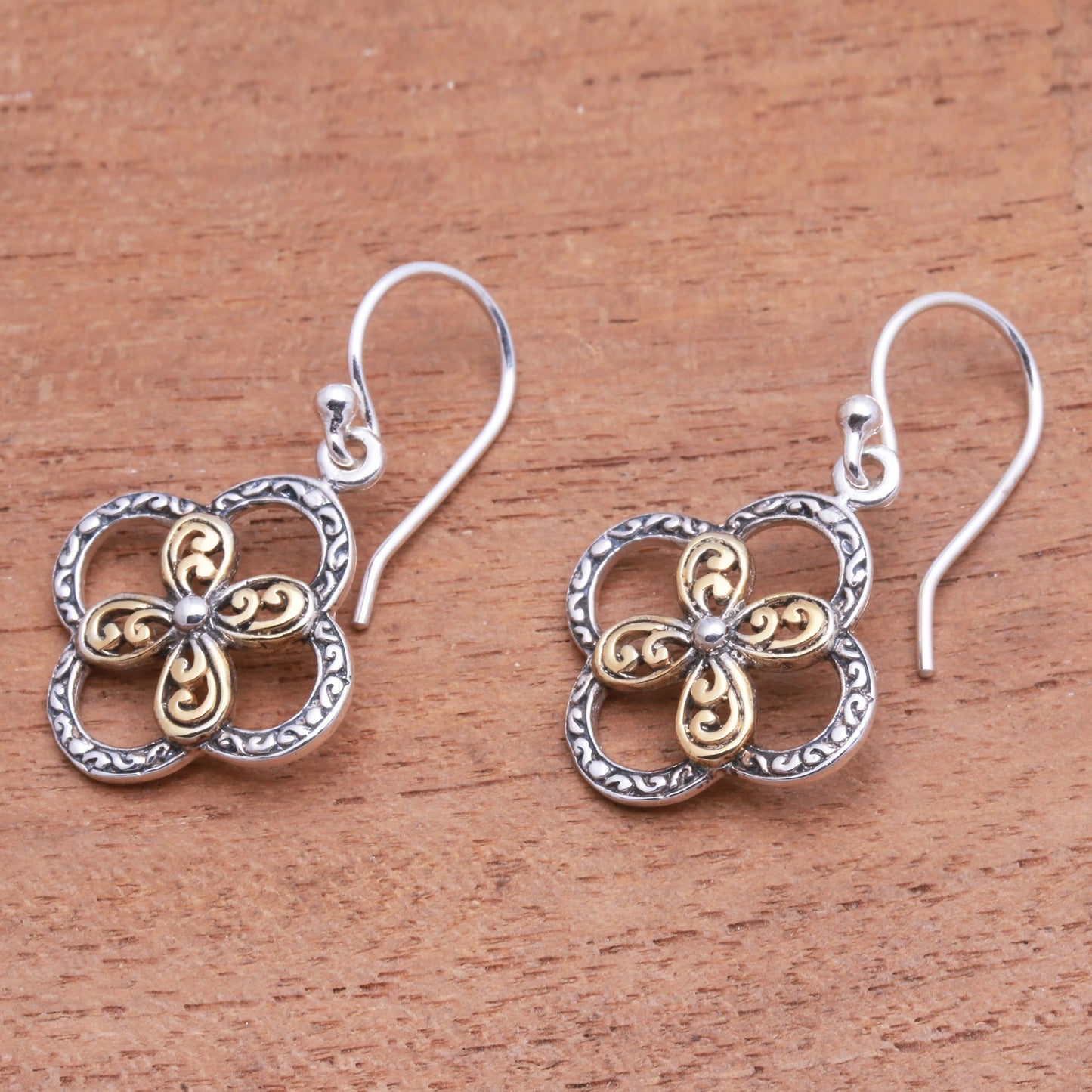 Summery Petals Floral Gold Accented Sterling Silver Dangle Earrings