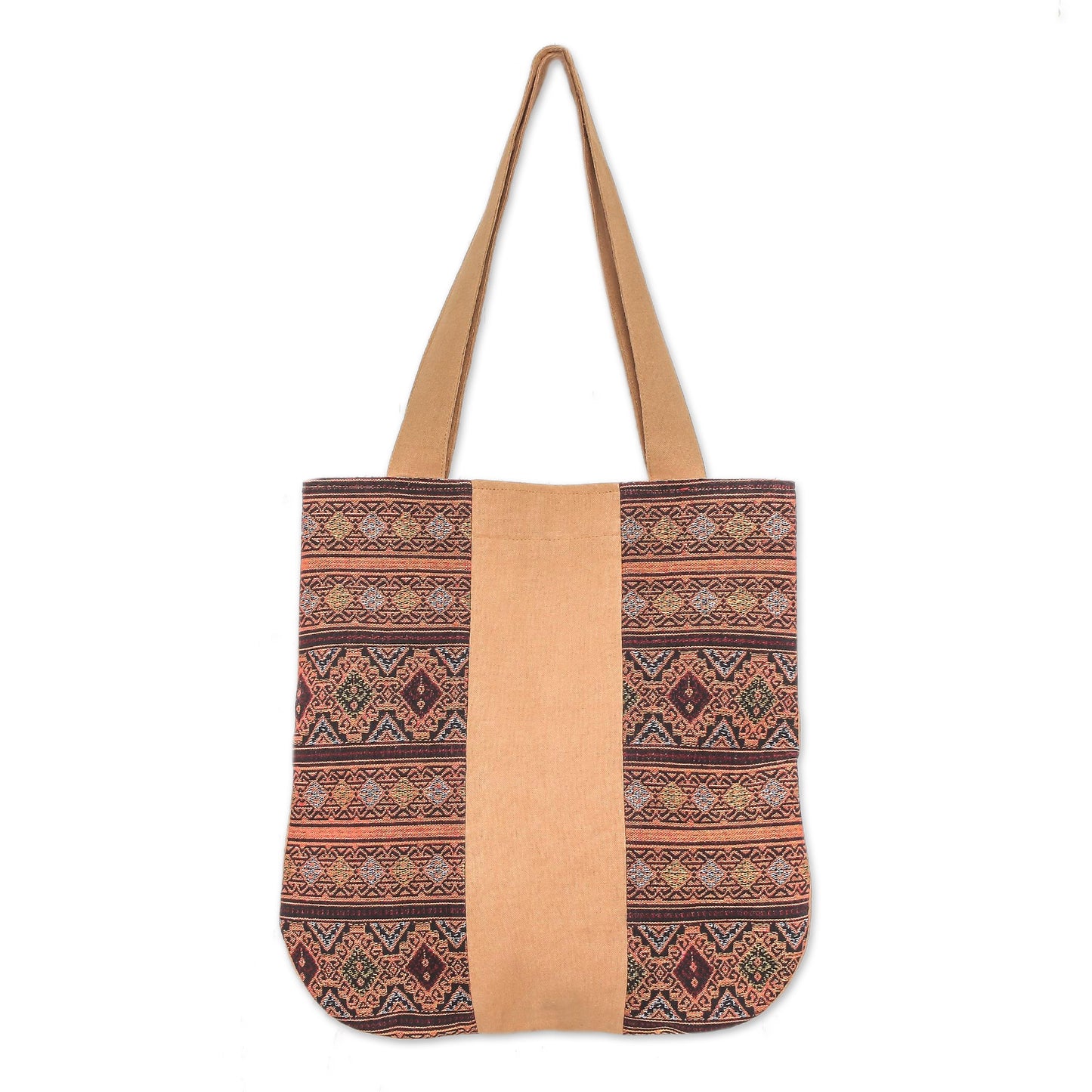 Lanna Caramel Geometric Cotton Shoulder Bag in Caramel from Thailand